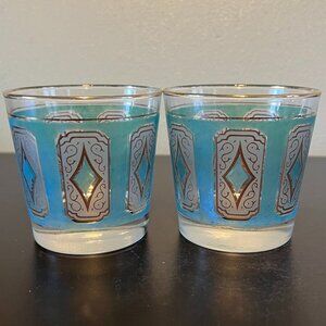 Pair of Vtg LIBBEY Emerald Green Diamond w/ 22-Karat Gold Trim Cocktail Glasses